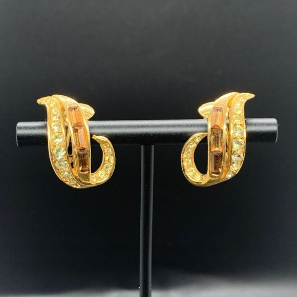 NOS D'Orlan Vintage Gold Plated Brown Crystal Baguette Clip On Earrings 1" - Picture 2 of 5